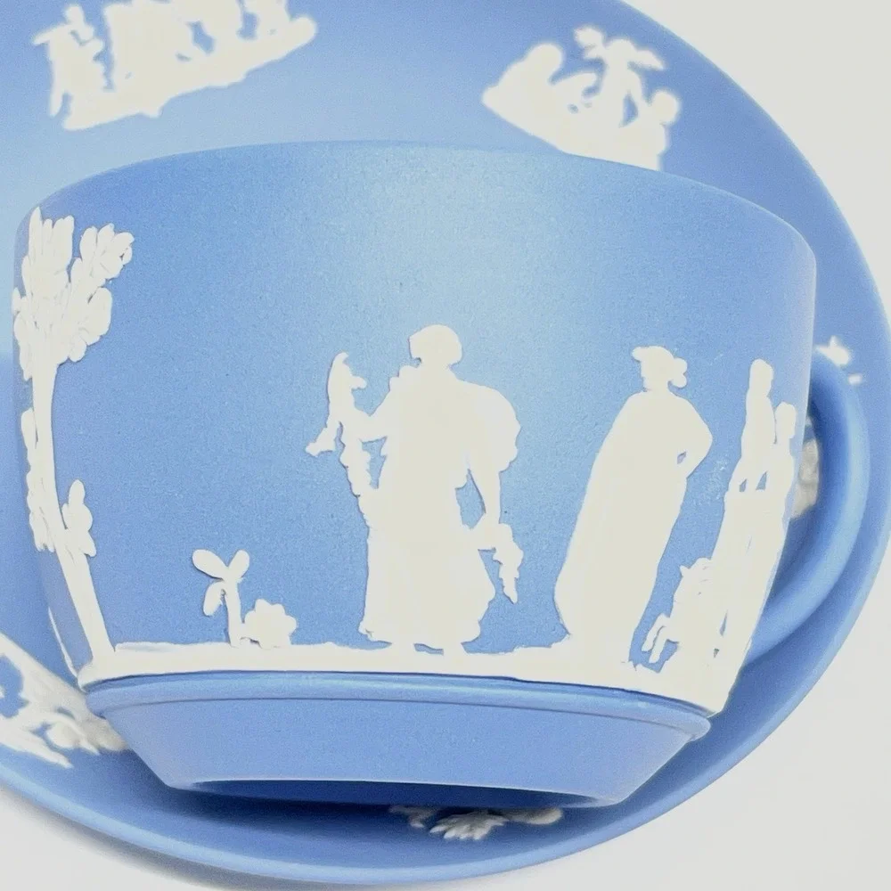 Vintage 1957 Wedgewood Jasperware Pale Blue Demitasse Tea Cup & Saucer England